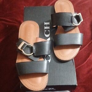 Coach Black and Tan Slide Sandals